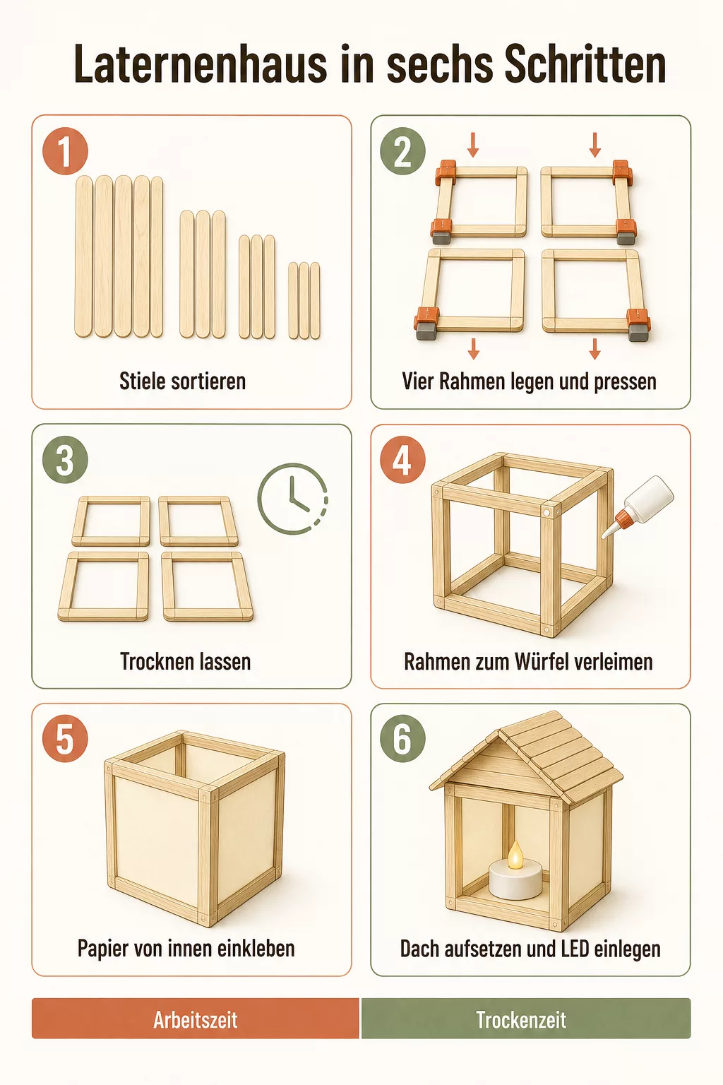 Infografik: Laternenhaus aus Eisstielen in sechs Schritten bauen