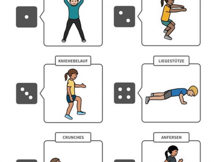 fitness für kinder 6 würfel workout illistriert mit mädchen und jüngen