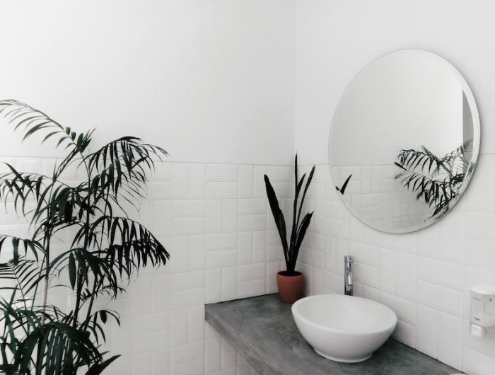 fliesenfugen erneuern weißes waschbecken spiegel und pflanzen
