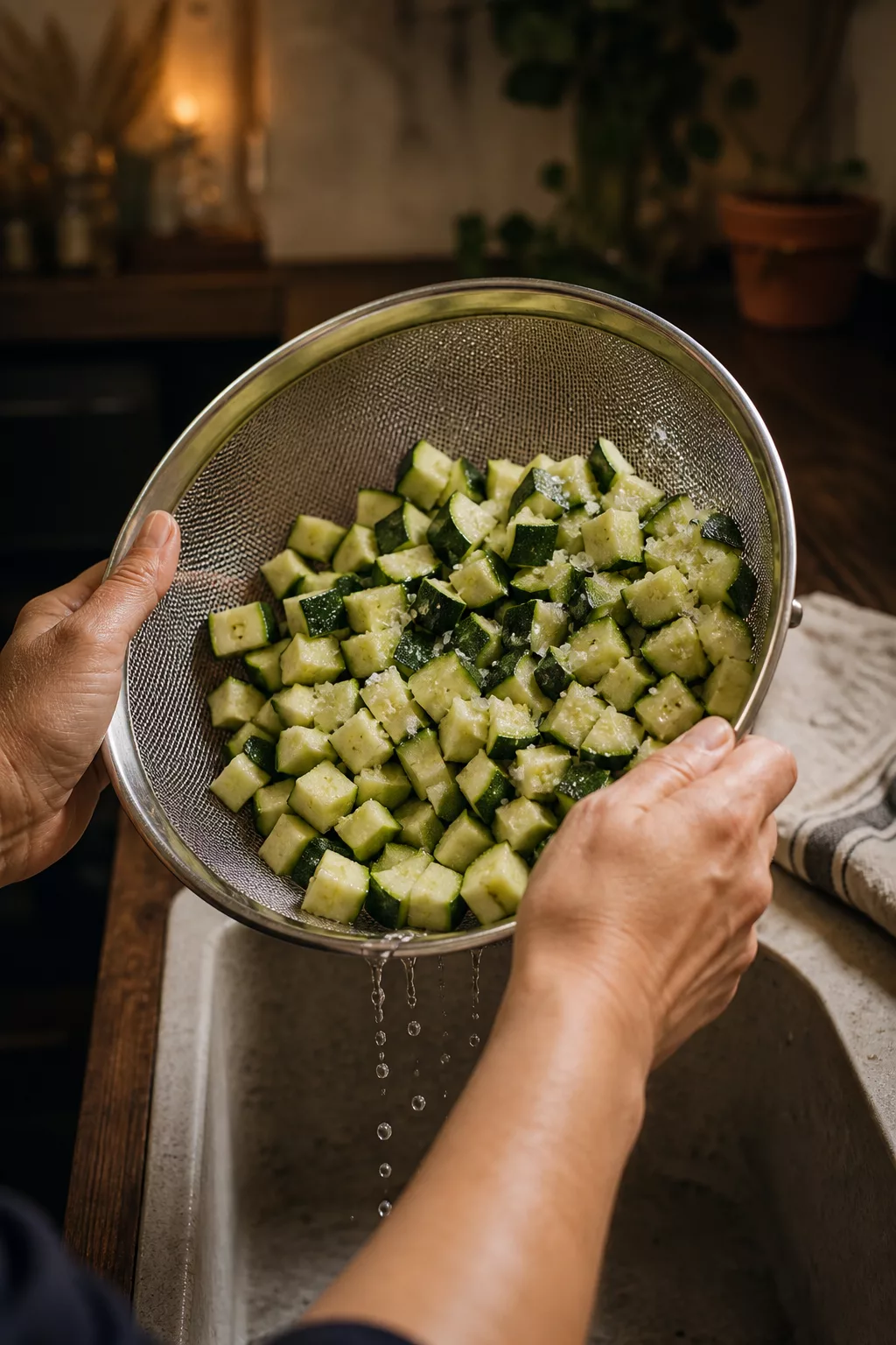 Hände lassen gesalzene Zucchiniwürfel im Sieb abtropfen