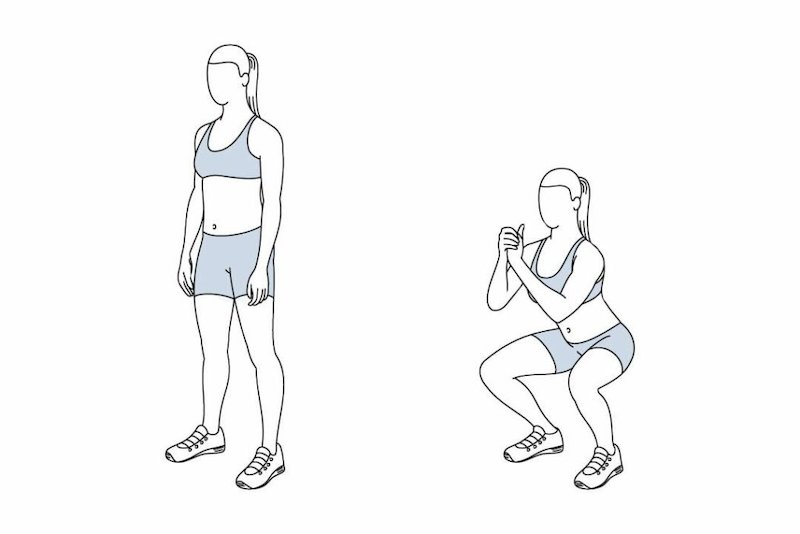 hip dips loswerden übungen squat kniebeugen illustriert ein mädchen im sportanzug