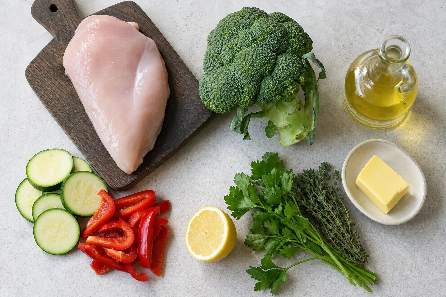 Rohe Zutaten für ein Low Carb Abendessen: Protein, Gemüse, Kräuter