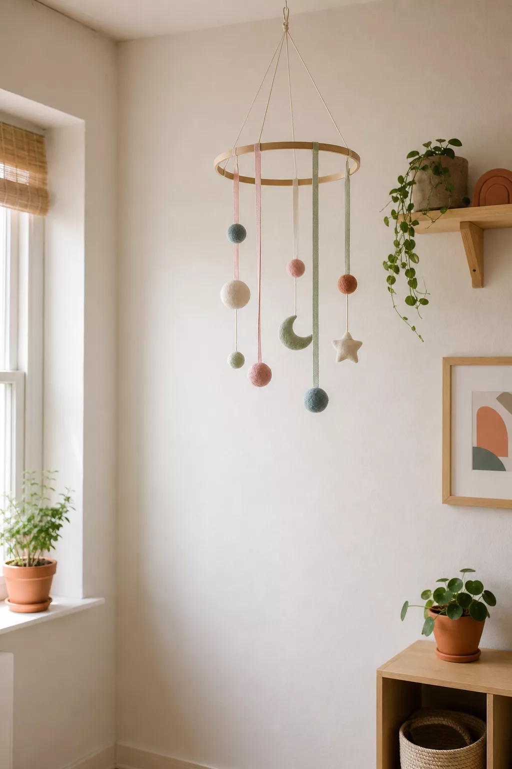 Ring-Mobile hängt seitlich an der Wand im Kinderzimmer