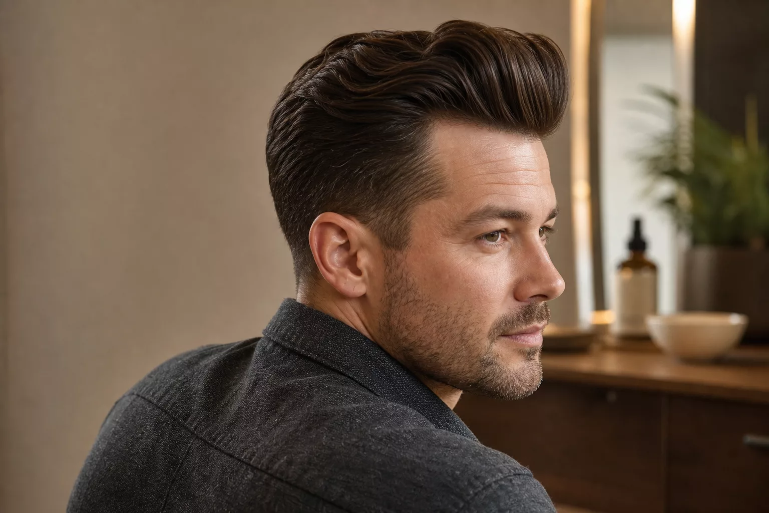 Pompadour Frisur für Herren in Seitenansicht