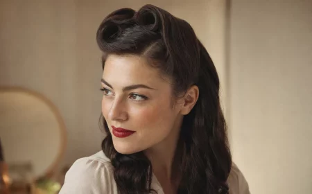 Rockabilly Frisur mit zwei klassischen Victory Rolls am tiefen Seitenscheitel