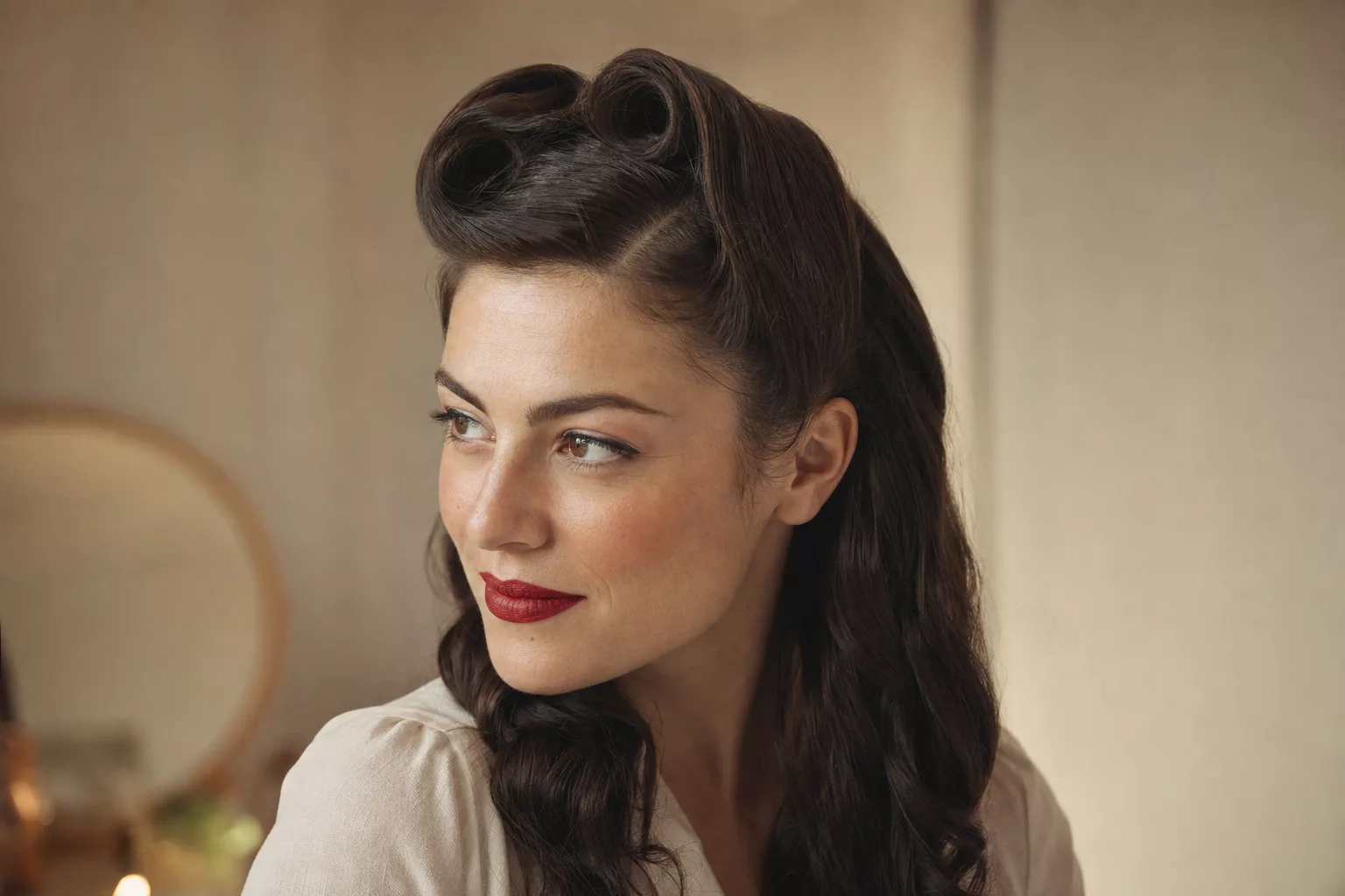 Rockabilly Frisur mit zwei klassischen Victory Rolls am tiefen Seitenscheitel