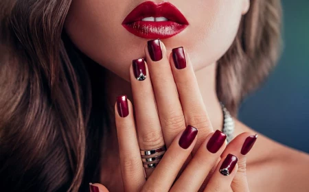 trend gelnägel kurz gelnägel design herbst winter 2021 nägel dunkelrot weinrot mit perlen passender lippenstift