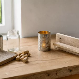 Upcycling Ideen: Fundstücke und fertige Objekte auf heller Werkbank