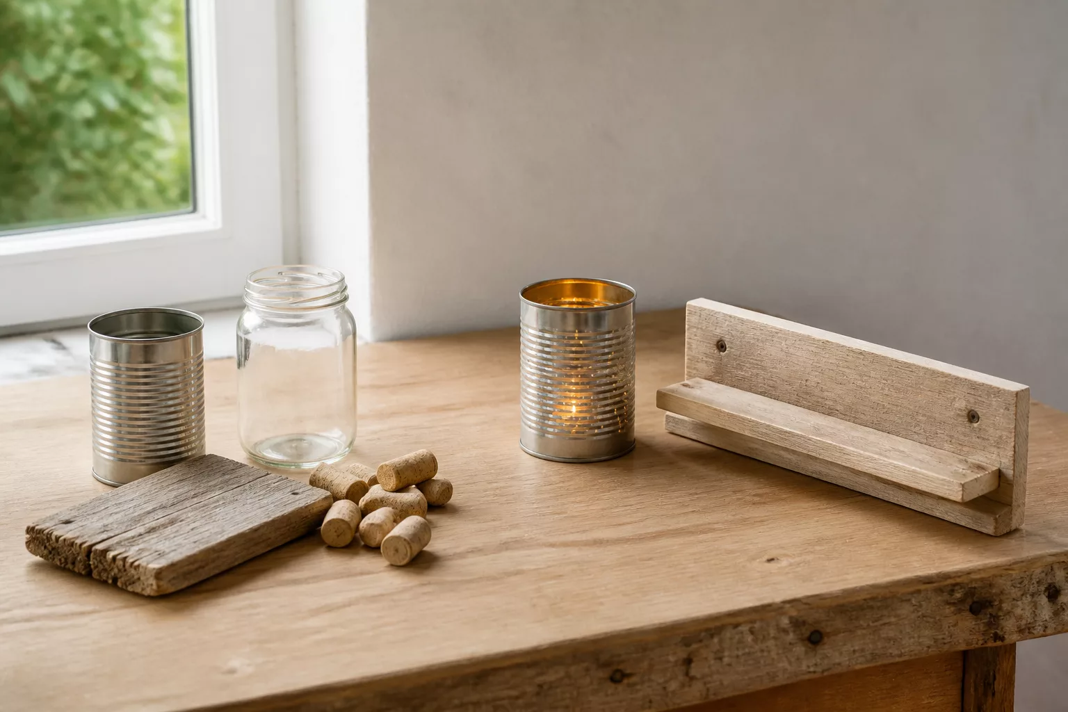 Upcycling Ideen: Fundstücke und fertige Objekte auf heller Werkbank