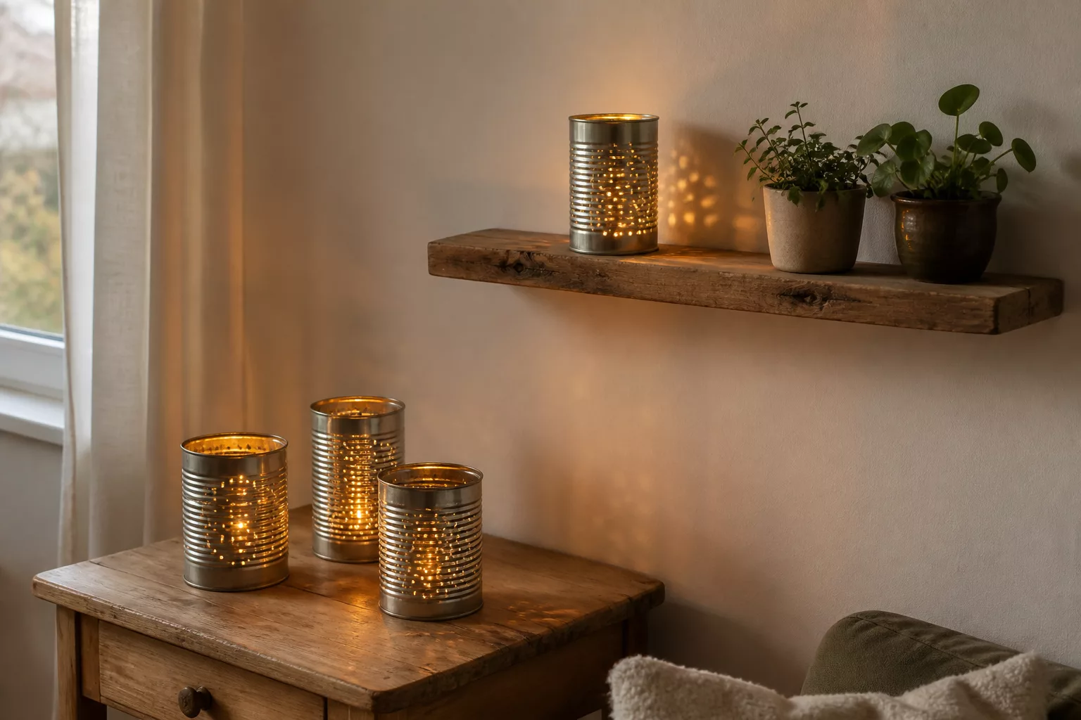 Upcycling Ideen: Windlichter und Palettenregal im Wohnzimmer