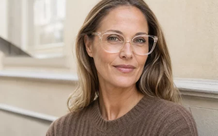 Brillentrends 2026 für Damen: transparente Fassung im Porträt