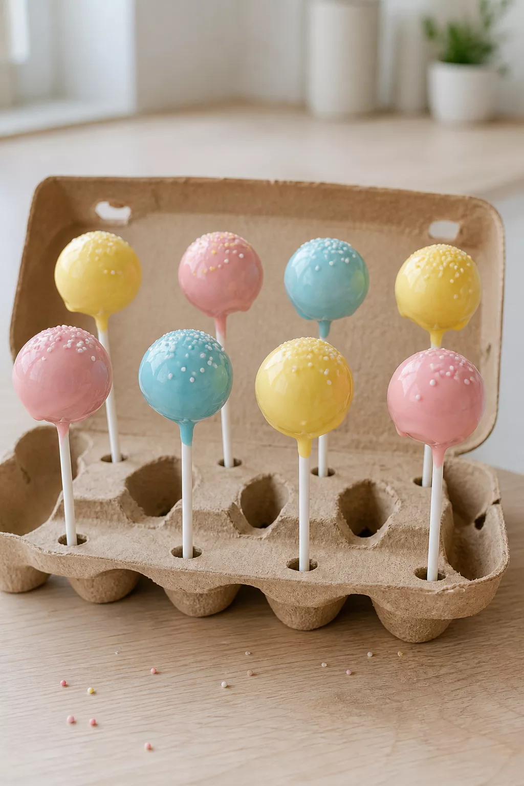 Cake Pops trocknen aufrecht in einem Eierkarton mit glänzender Glasur