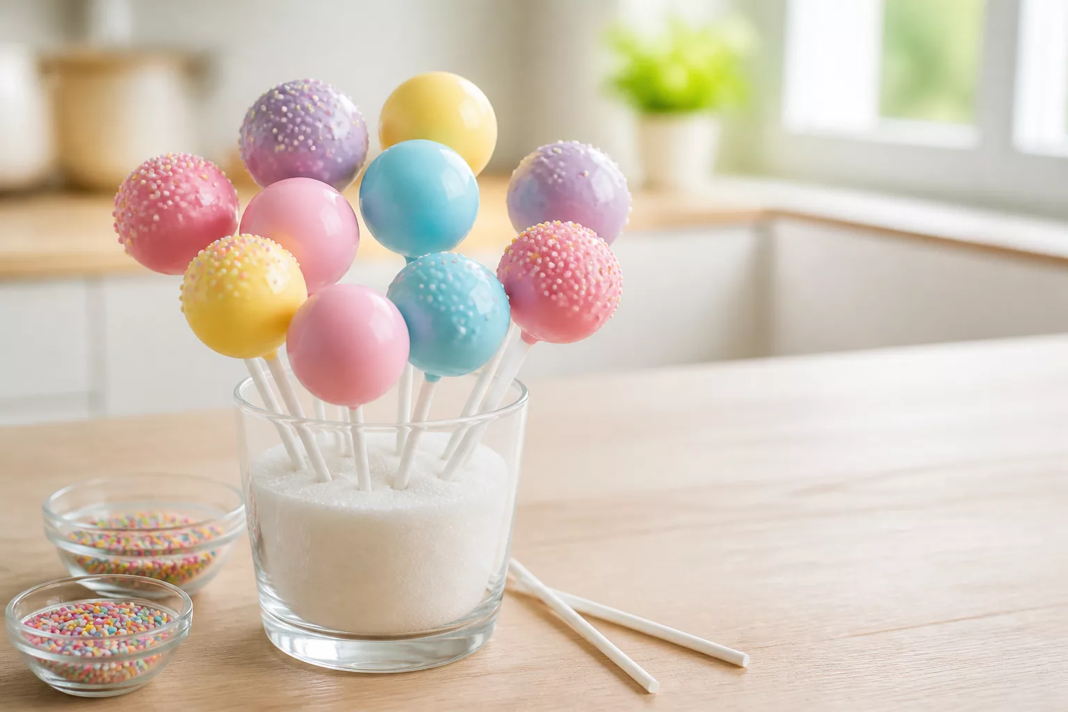 Cake Pops Rezepte, bunte Kugeln stecken aufrecht in einem Glas mit Zucker