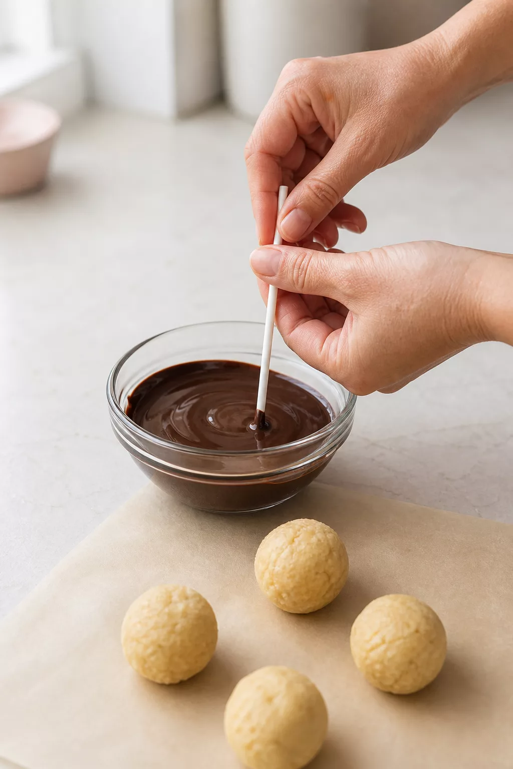 Hände tauchen die Stielspitze eines Cake Pops in Schokolade