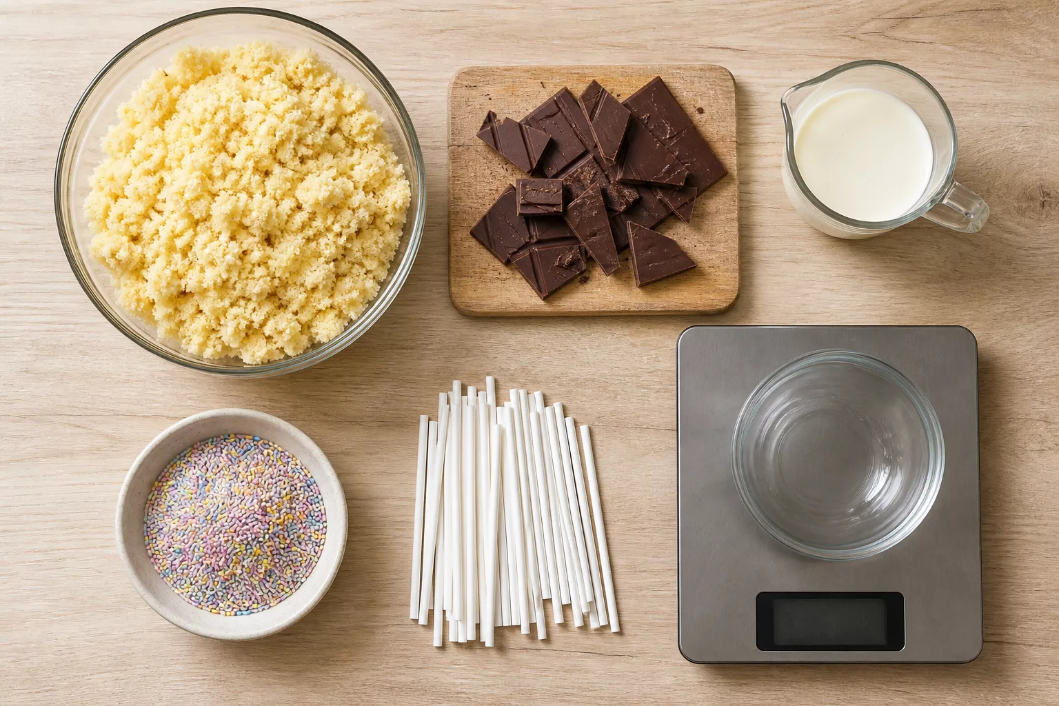 Zutaten für Cake Pops, Kuchenkrume, Kuvertüre, Sahne und Lollistiele