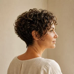 Kurzhaarfrisuren für lockiges Haar: Curly Bixie im Dreiviertelprofil mit definierten Locken