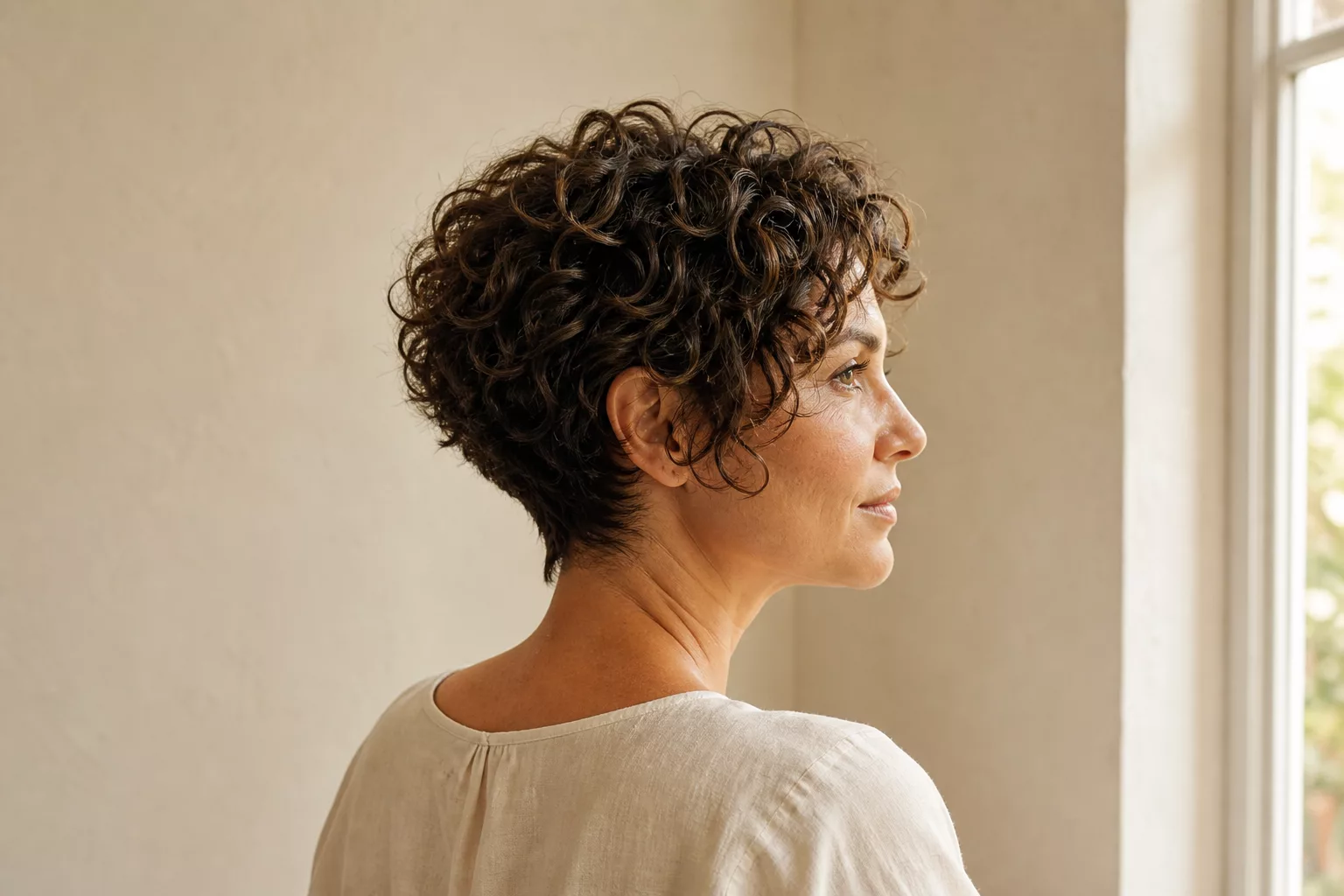 Kurzhaarfrisuren für lockiges Haar: Curly Bixie im Dreiviertelprofil mit definierten Locken