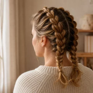 Einfache Flechtfrisuren: Frau von hinten mit zwei lockeren holländischen Zöpfen