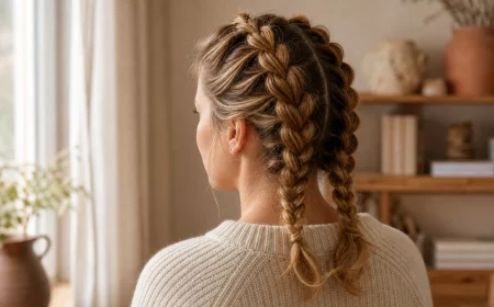 Einfache Flechtfrisuren: Frau von hinten mit zwei lockeren holländischen Zöpfen