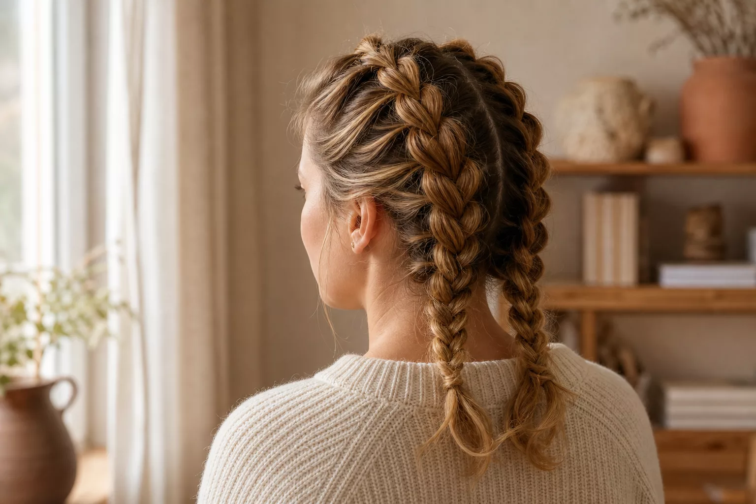 Einfache Flechtfrisuren: Frau von hinten mit zwei lockeren holländischen Zöpfen