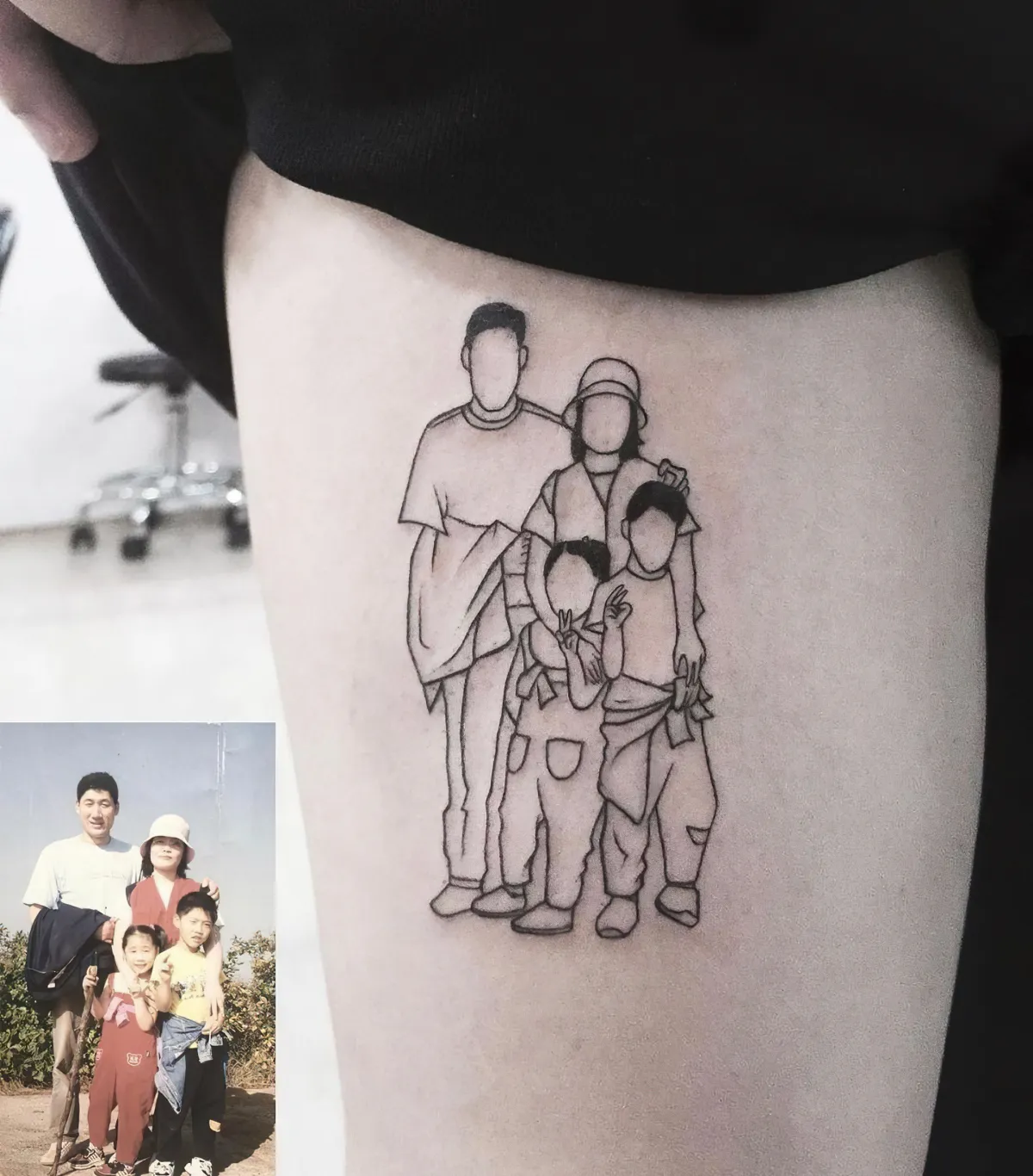 familienfoto tattoo am bein eltern mit zwei kindern