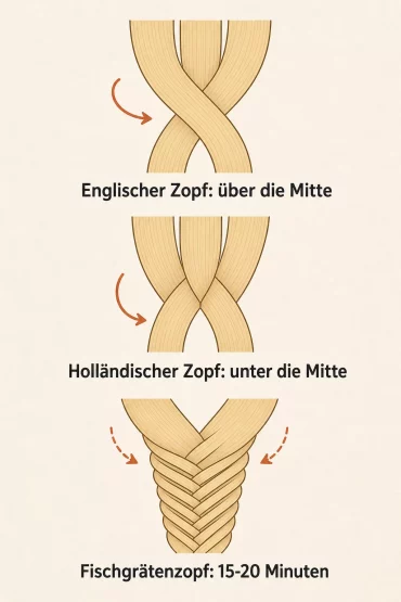 Grafik zu Strähnenführung: englischer, holländischer und Fischgrätenzopf im Vergleich