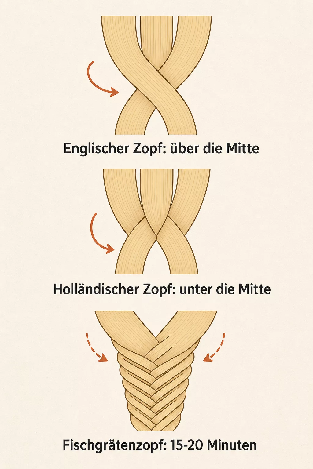 Grafik zu Strähnenführung: englischer, holländischer und Fischgrätenzopf im Vergleich