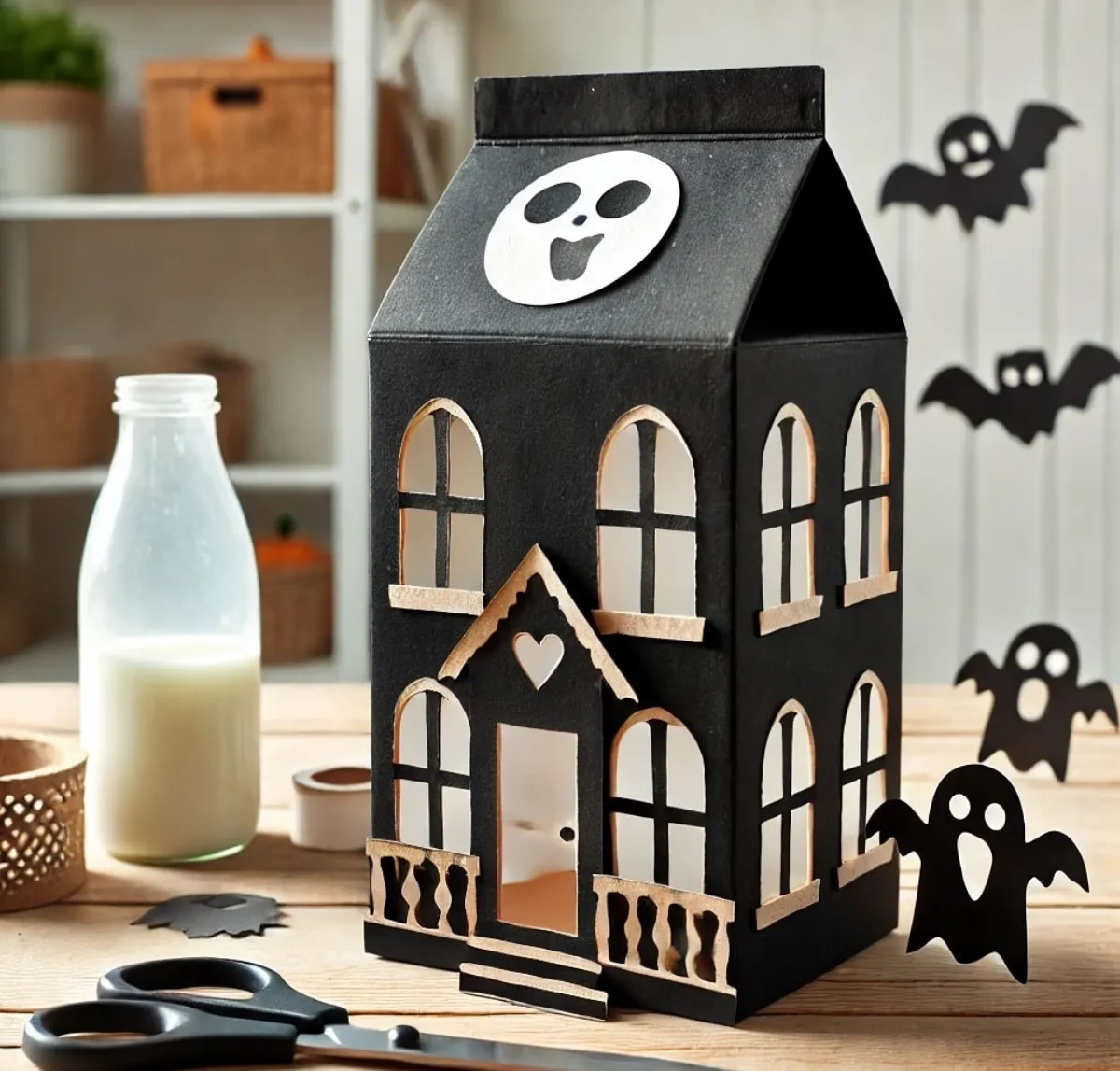 gruselhaus mit fledermäusen aus papier basteln halloween 2024