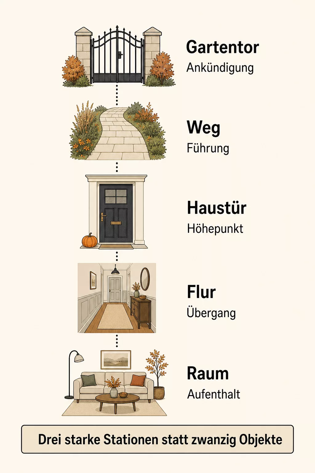 Grafik zum Besucherweg für Halloween-Deko von Gartentor bis Wohnzimmer