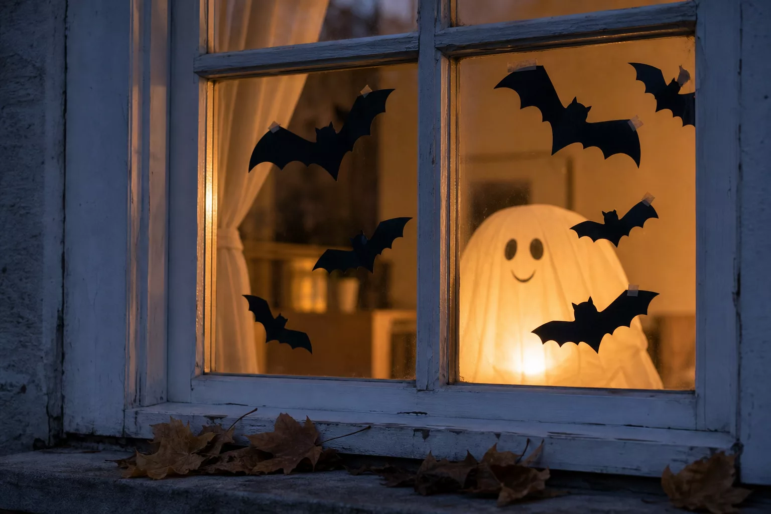 Halloween Dekoration selber machen: Fledermäuse und Geist am Fenster abends