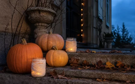 Halloween Dekoration selber machen: herbstlicher Hauseingang mit Kürbissen am Abend