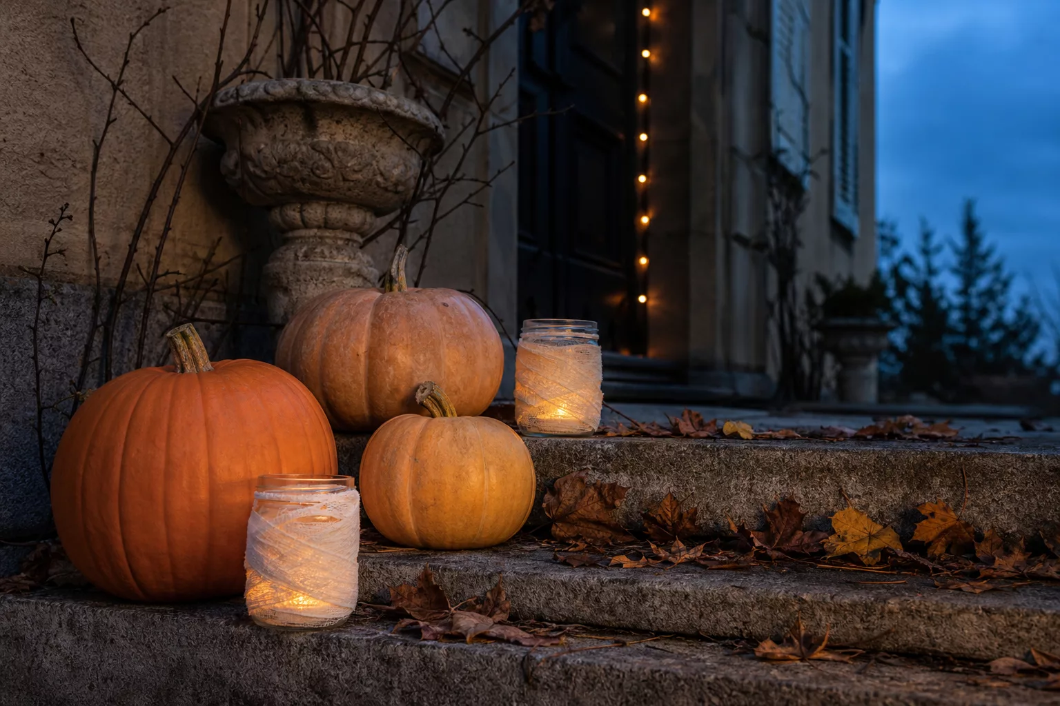 Halloween Dekoration selber machen: herbstlicher Hauseingang mit Kürbissen am Abend