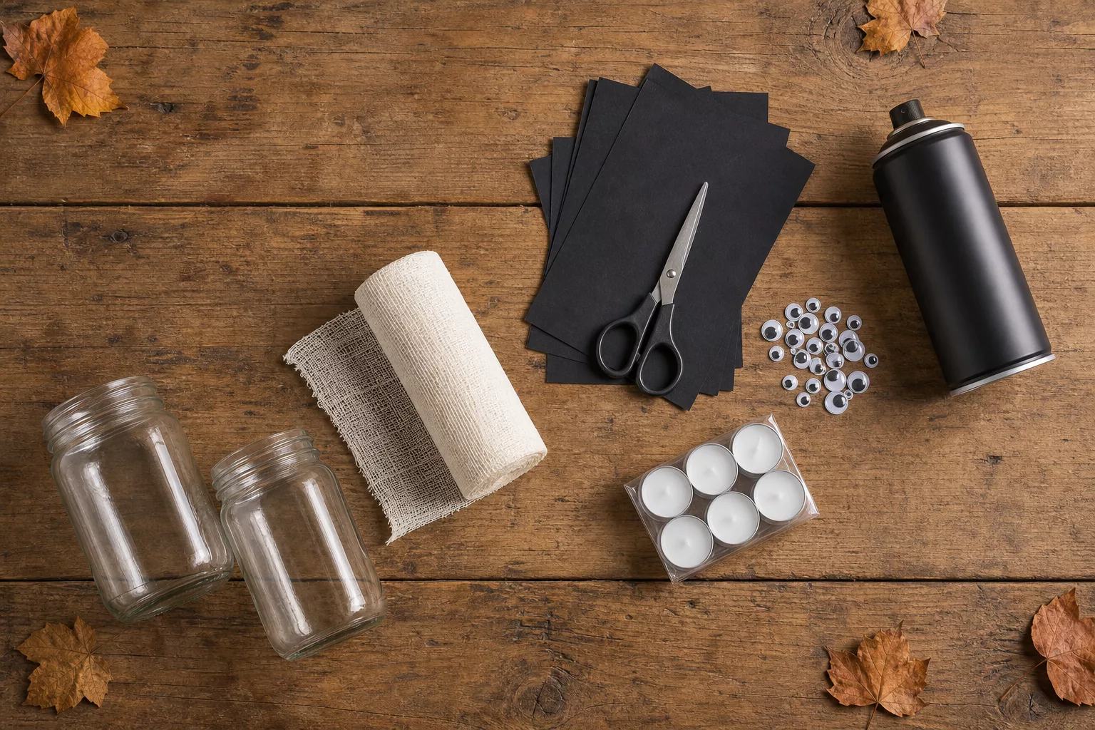 Materialien für Halloween-Deko: Einmachgläser, Mullbinde, Tonpapier, Wackelaugen