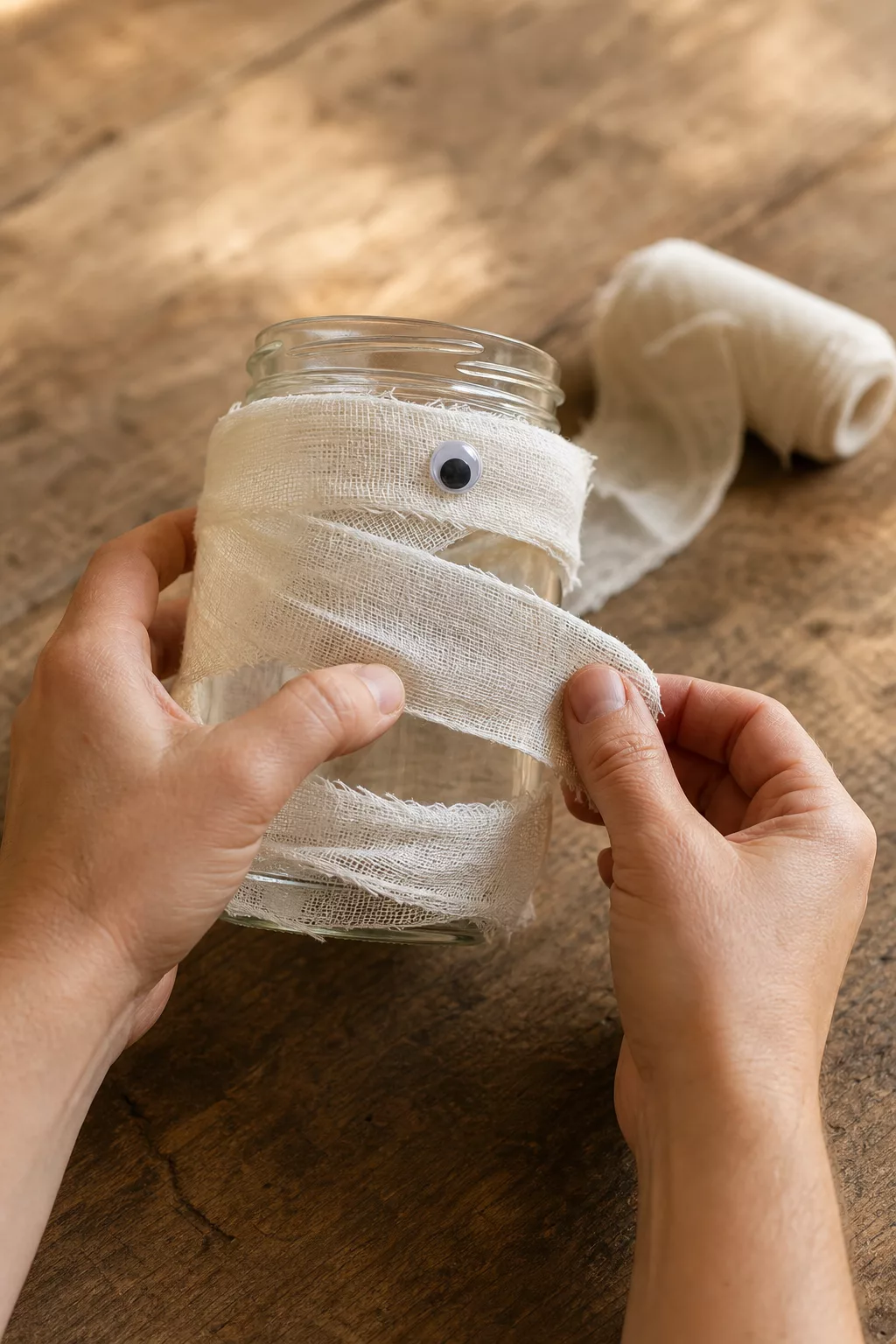 Hände wickeln Mullbinde um ein Glas für ein Mumien-Windlicht
