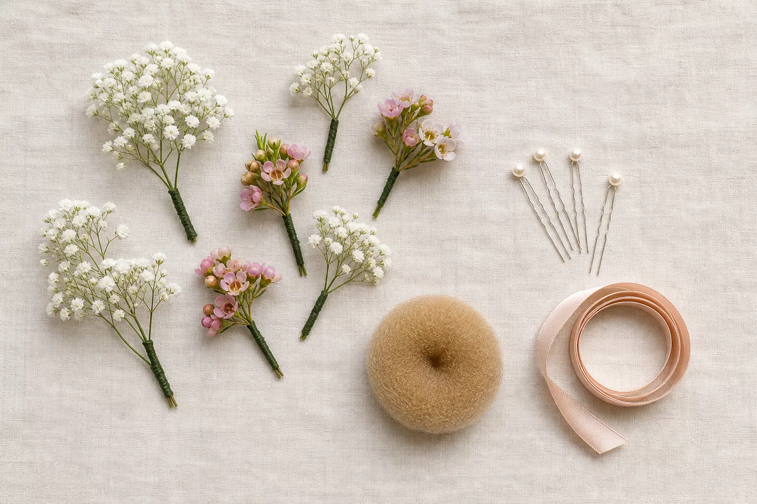 Flat-lay: echte Blüten, Perlen-Haarnadeln und Satinband für Kommunionfrisuren