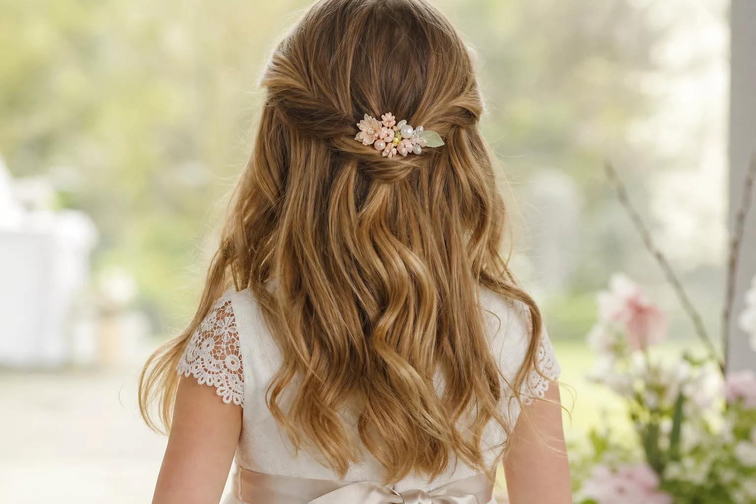 Kommunionfrisuren für Mädchen: halboffene Locken mit Blütenschmuck von hinten