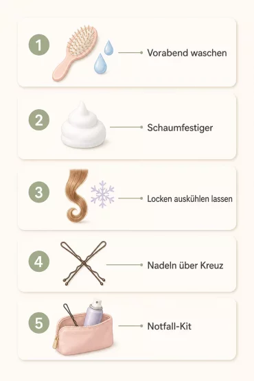 Infografik: fünf Schritte für Frisuren, die den ganzen Tag halten