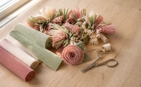 Krepppapierrollen, Fransengirlande und Rose beim Basteln mit Krepppapier