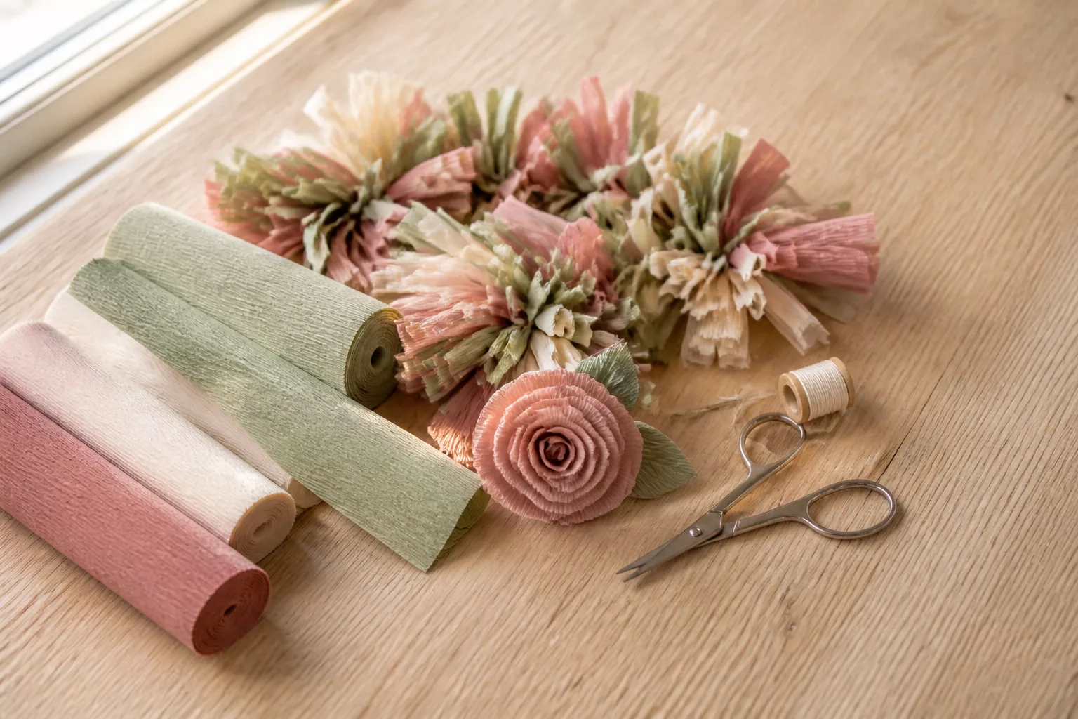 Krepppapierrollen, Fransengirlande und Rose beim Basteln mit Krepppapier