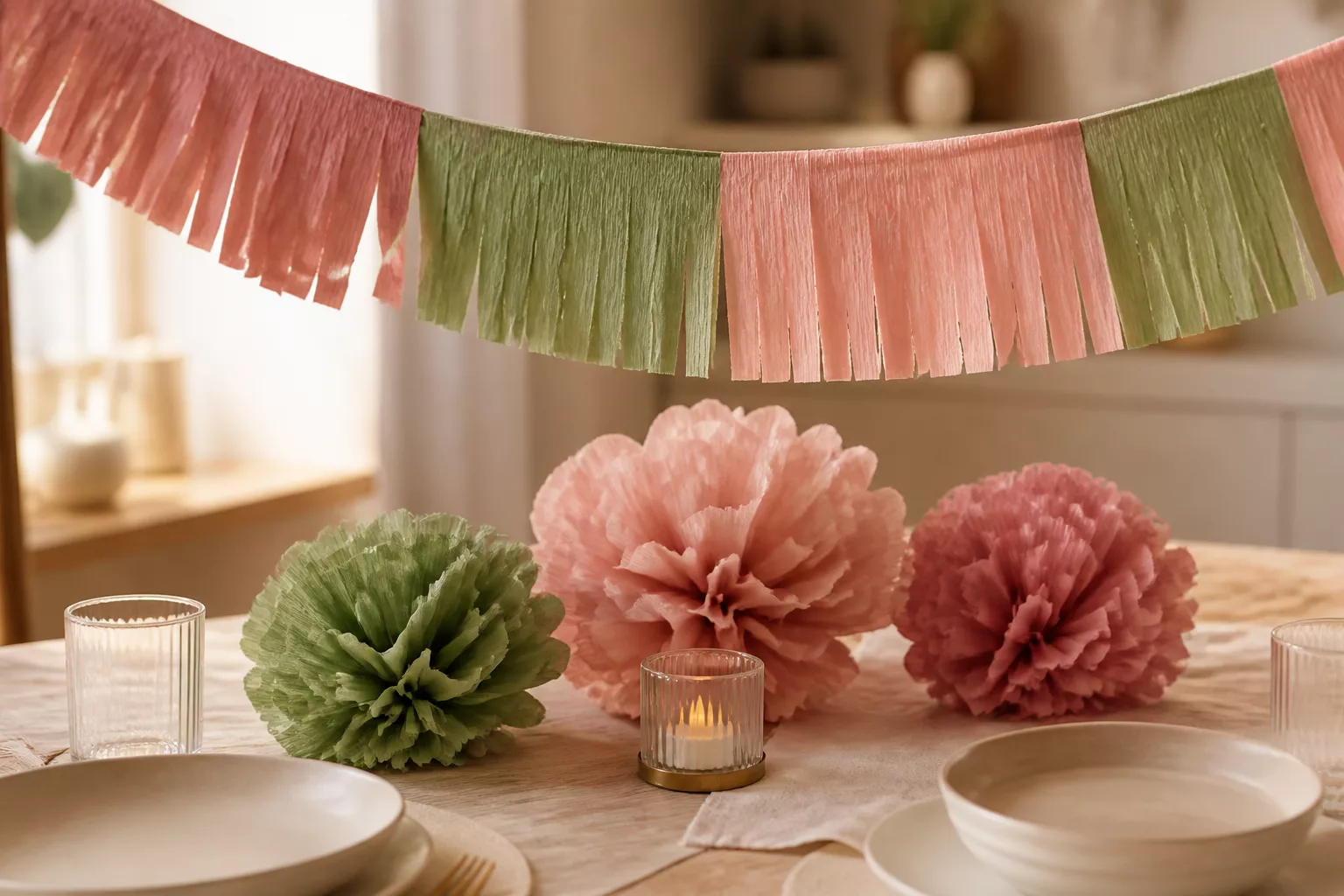Kindergeburtstagstafel mit Krepppapier-Girlande, Pompons und Windlicht