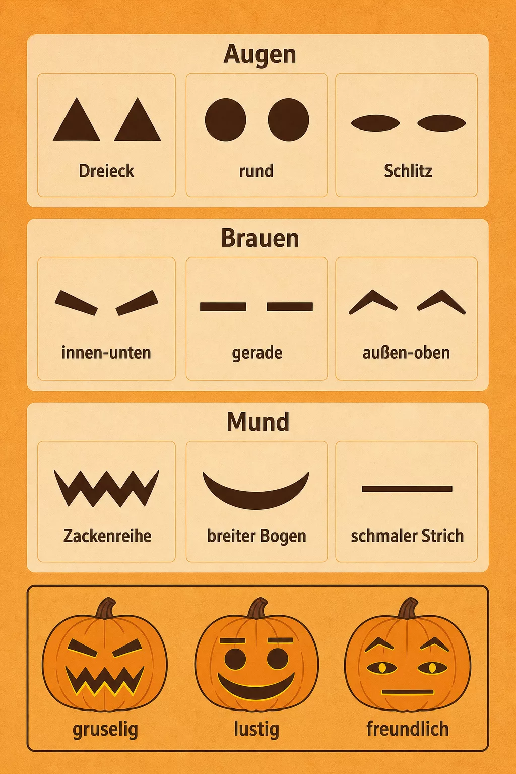 Grafik zeigt Augen, Brauen und Mundformen für Kürbisgesichter
