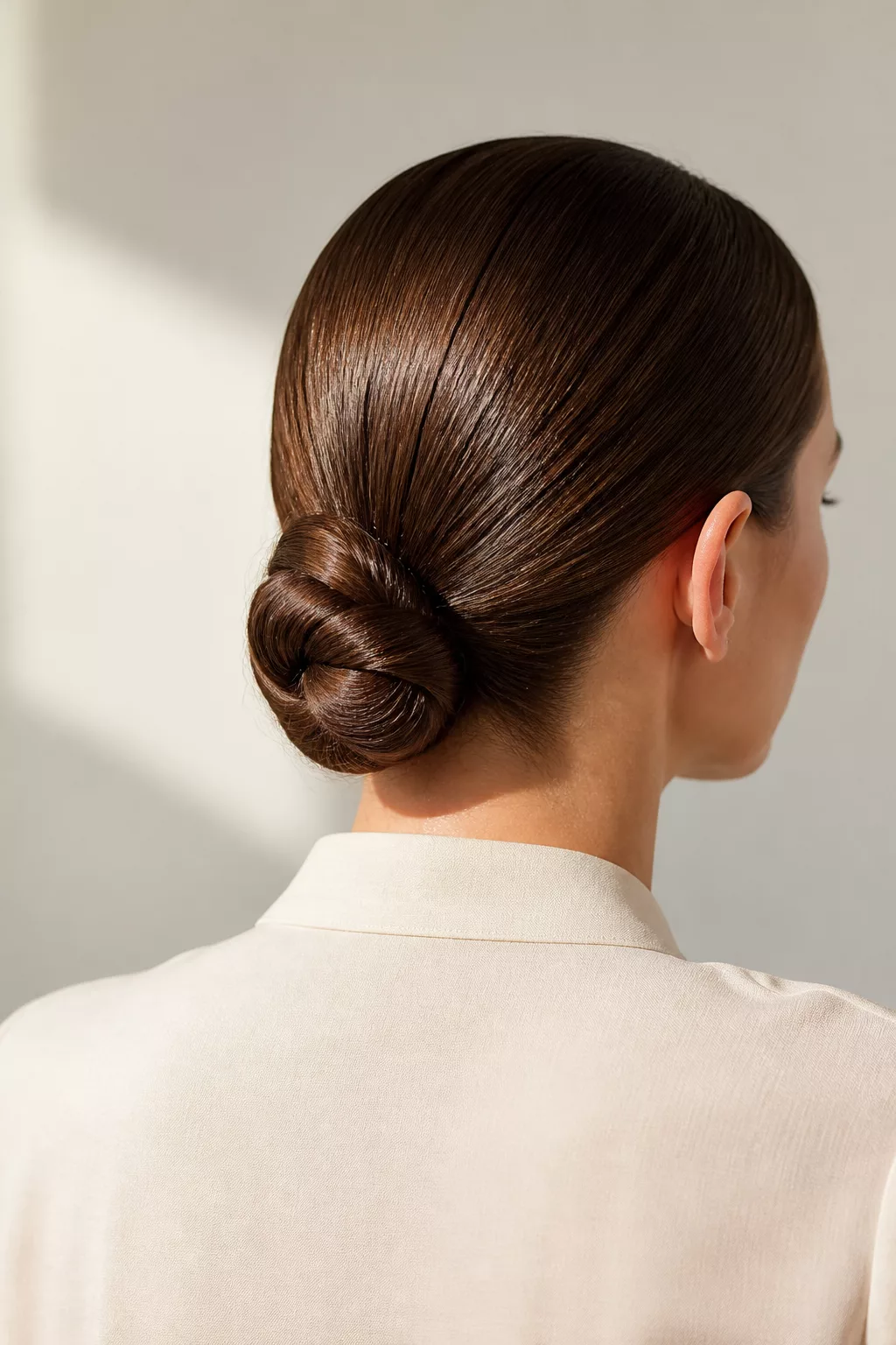Sleek Low Bun, glatt gezogener Dutt mit sichtbarem Glanz
