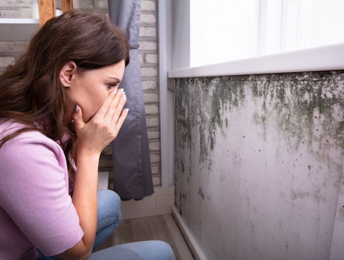 shocked woman looking at mold on wall