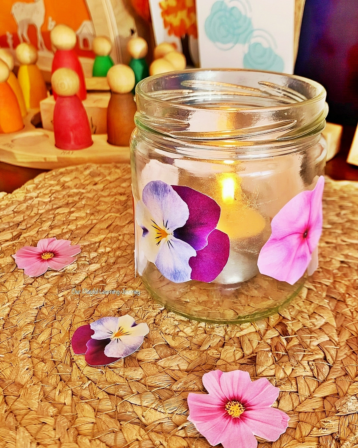 windlicht basteln glas verziert mit blumen bastelideen fuer erwachsene 