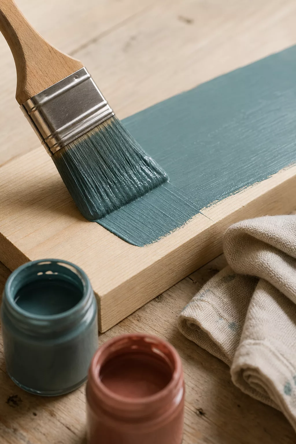 Pinsel mit deckender Acrylfarbe auf hellem Holzstück