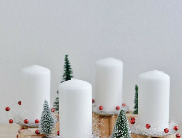 basteln mit holz weiße kerzen weihnachtsgesteck selber machen