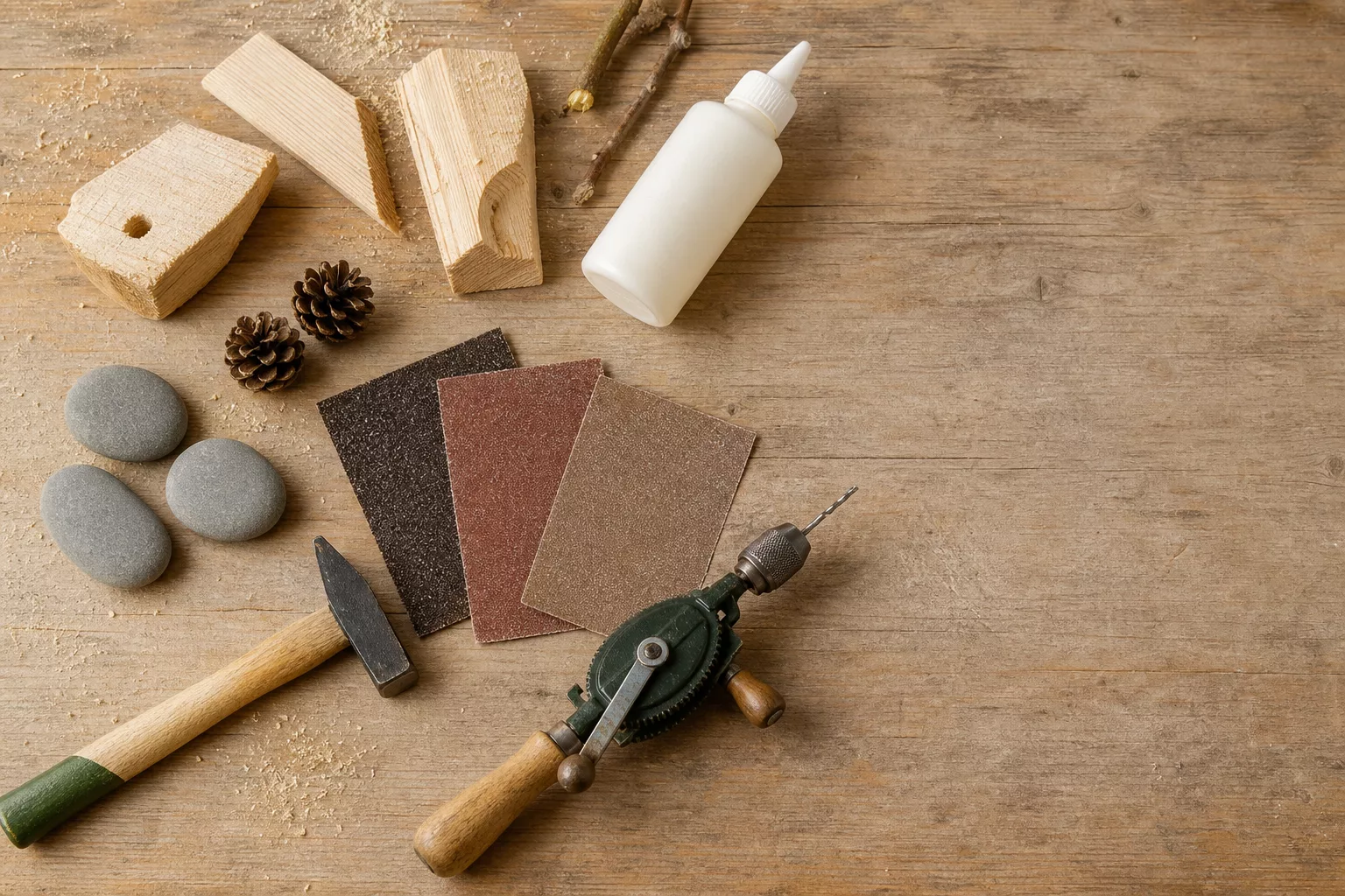Restholz, Naturfundstücke und Werkzeug zum Basteln mit Kindern