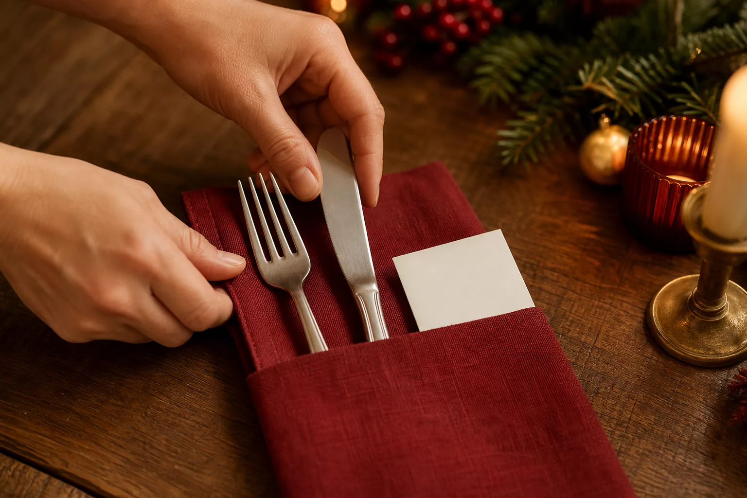 Hände legen Besteck in gefaltete Bestecktasche aus Serviette für die Weihnachtstafel