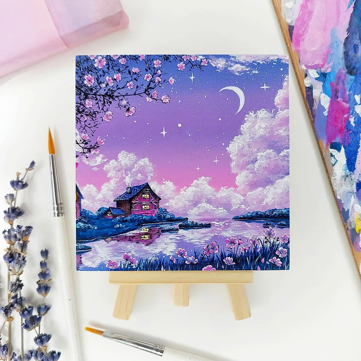 bilder auf leinwand malen lila art nachthimmel mond landschaft