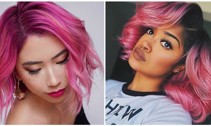 coole haarfarben für kurze haare rosa haarfarbe mit schwarzen ansätzen